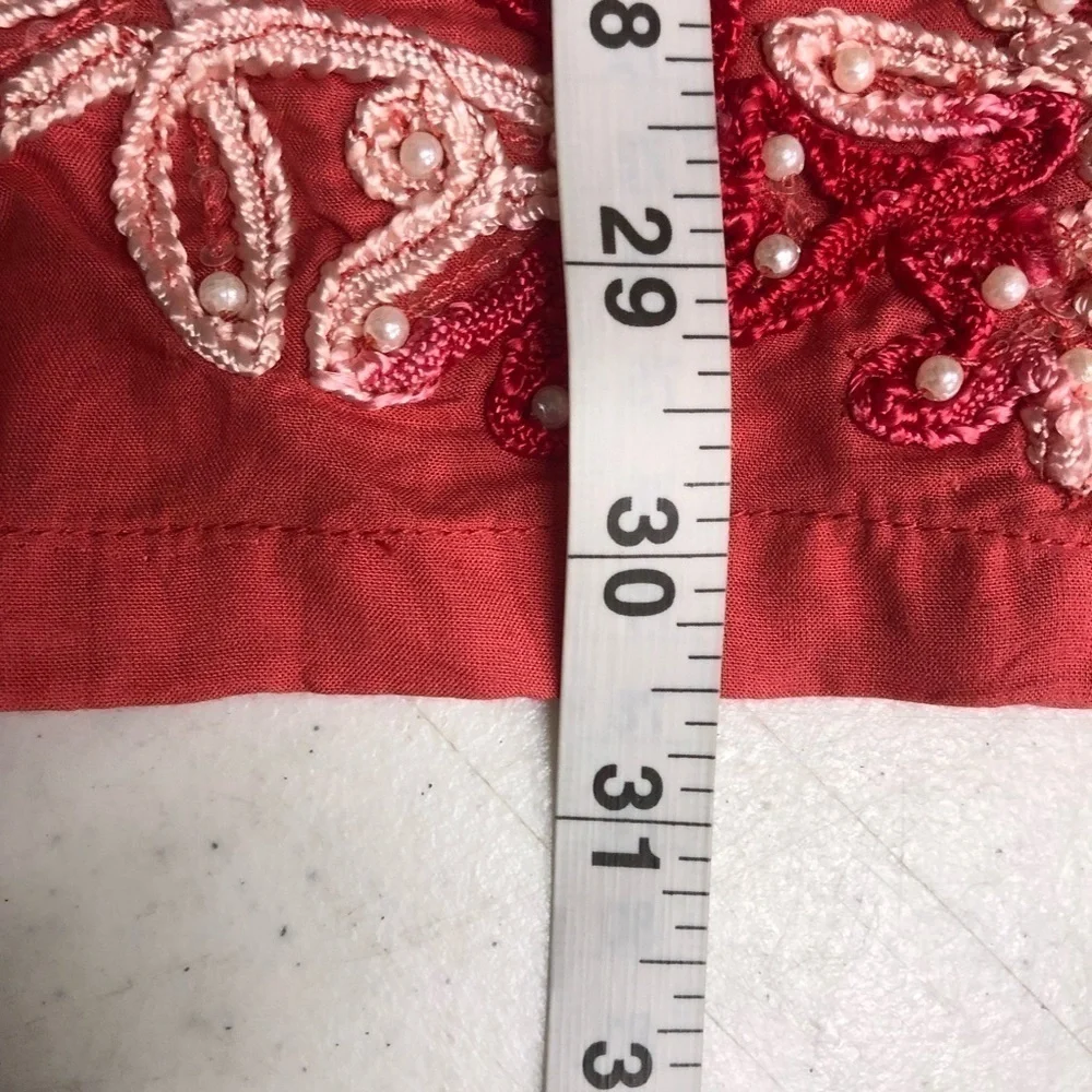 SOFT SURROUNDINGS Coral Pink Embroidered Floral Bead Tassel Tunic Top Size Med - Picture 6 of 6